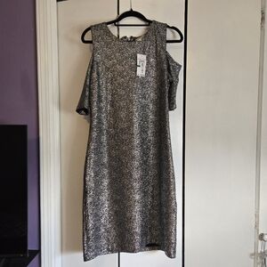 Michael Kors Black Dress Silver Shimmer Exposed Shoulder Sz LG NWT original $125
